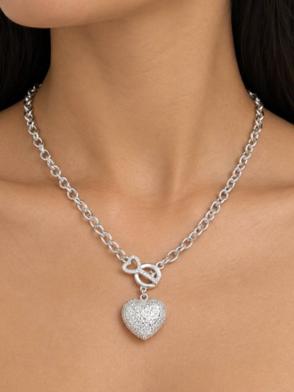 925 Sterling Silver Chunky Heart Necklace Heart and Key Toggle Chain Necklace